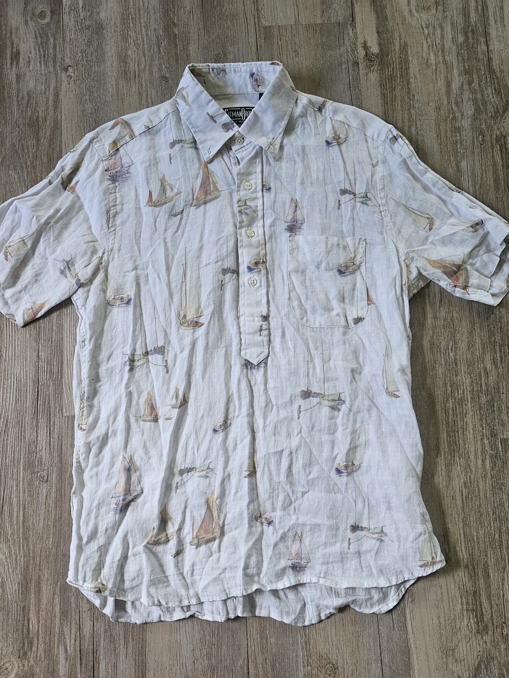Gitman Bros. Men's White 100% Linen Sailboat Print Short Sleeve Shirt Medium